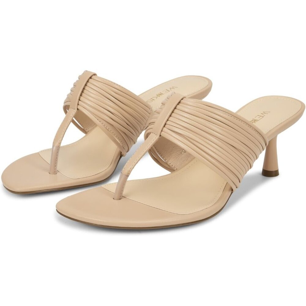 Women's Nude Leather 2 Inch Low Heeled Flip Flops with Rounded Open Toe - Picture 6 of 6
